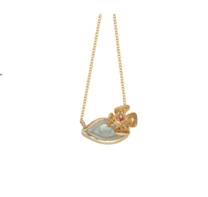 Necklace gold k9 with ivory quartz & tourmaline